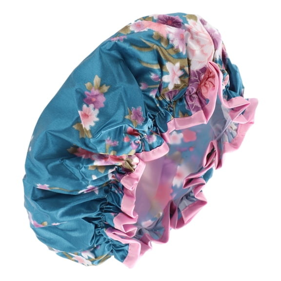 1 Pc Women Double Layer Hibiscus Flowers Shower Cap for Bathroom Vacation Blue Satin PEVA