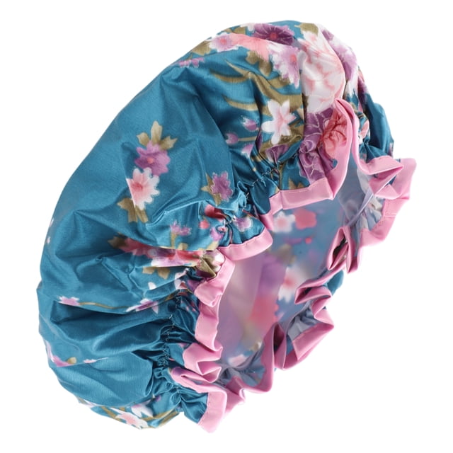 1 Pc Dama Doble Capa Gorro de Ducha con Flores de Hibisco para Baño Vacaciones Azul Satén PEVA