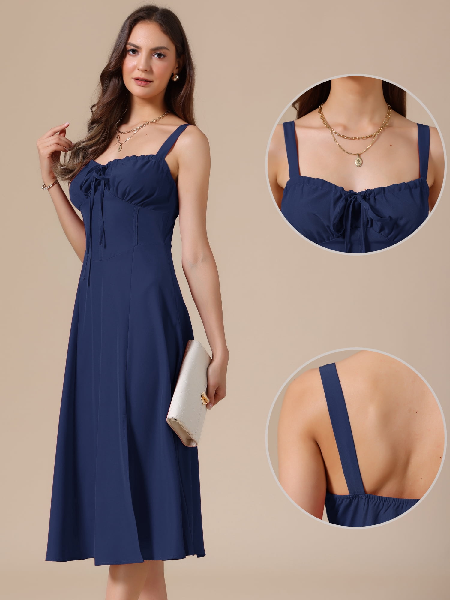DARING DIVA Women's Spaghetti Strap Sweetheart Neck Side Slit A Line Dresses S Dark Blue
