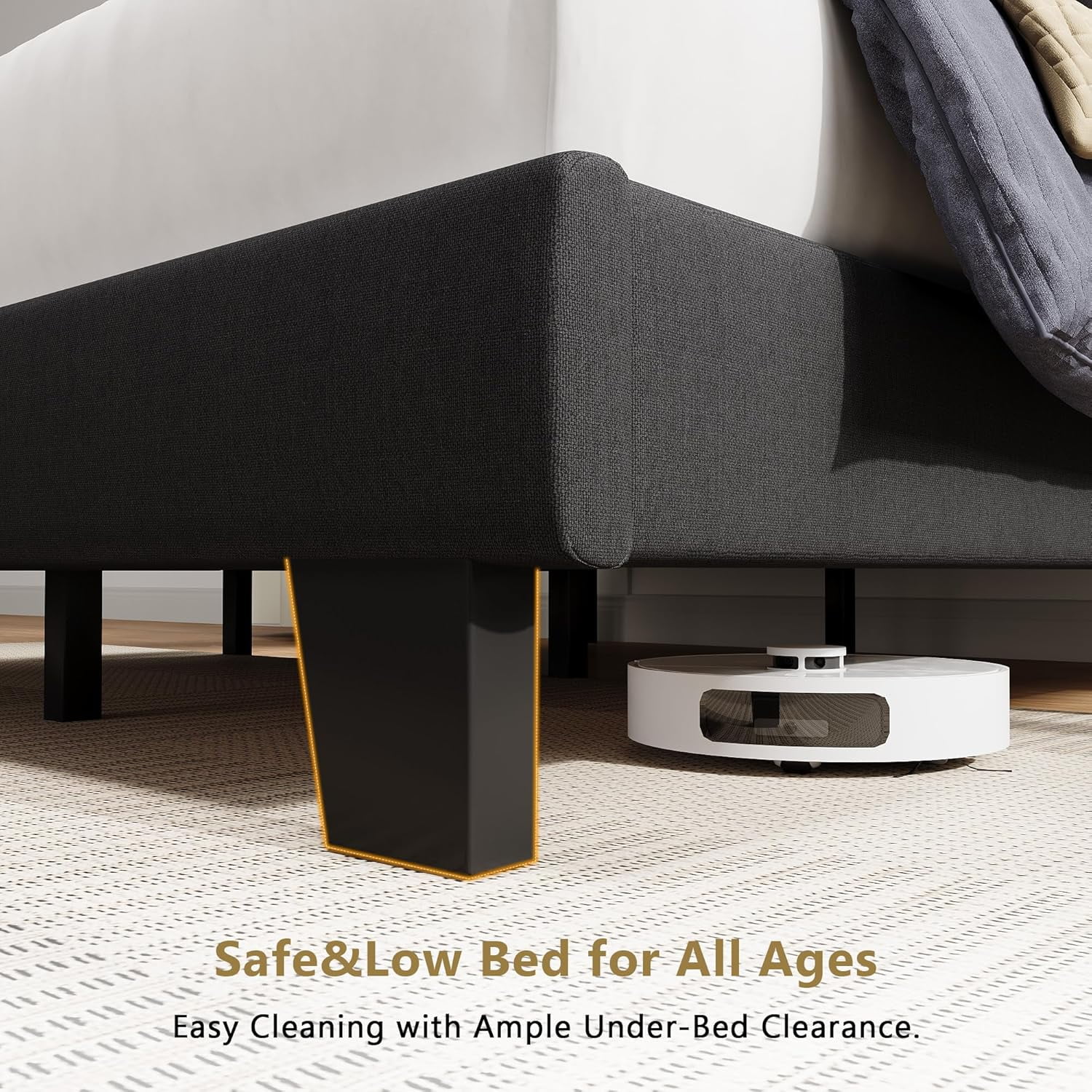 Honfach Queen Size Bed Frame, Upholstered Platform Bed with Velvet Headboard, Wide Bed Legs and Strong Wood Slats Support,Black