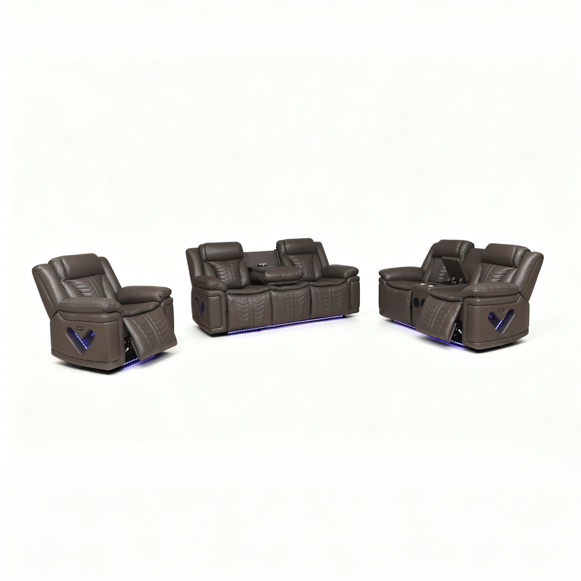 Electra Luxury 3-Piece Power Reclining Living Room Set - Dark Brown Faux Leather Motion Sofa, Loveseat, and Recliner Chair with LED Lighting, Bluetooth Speakers, Drop-Down Table,and Wireless Charging