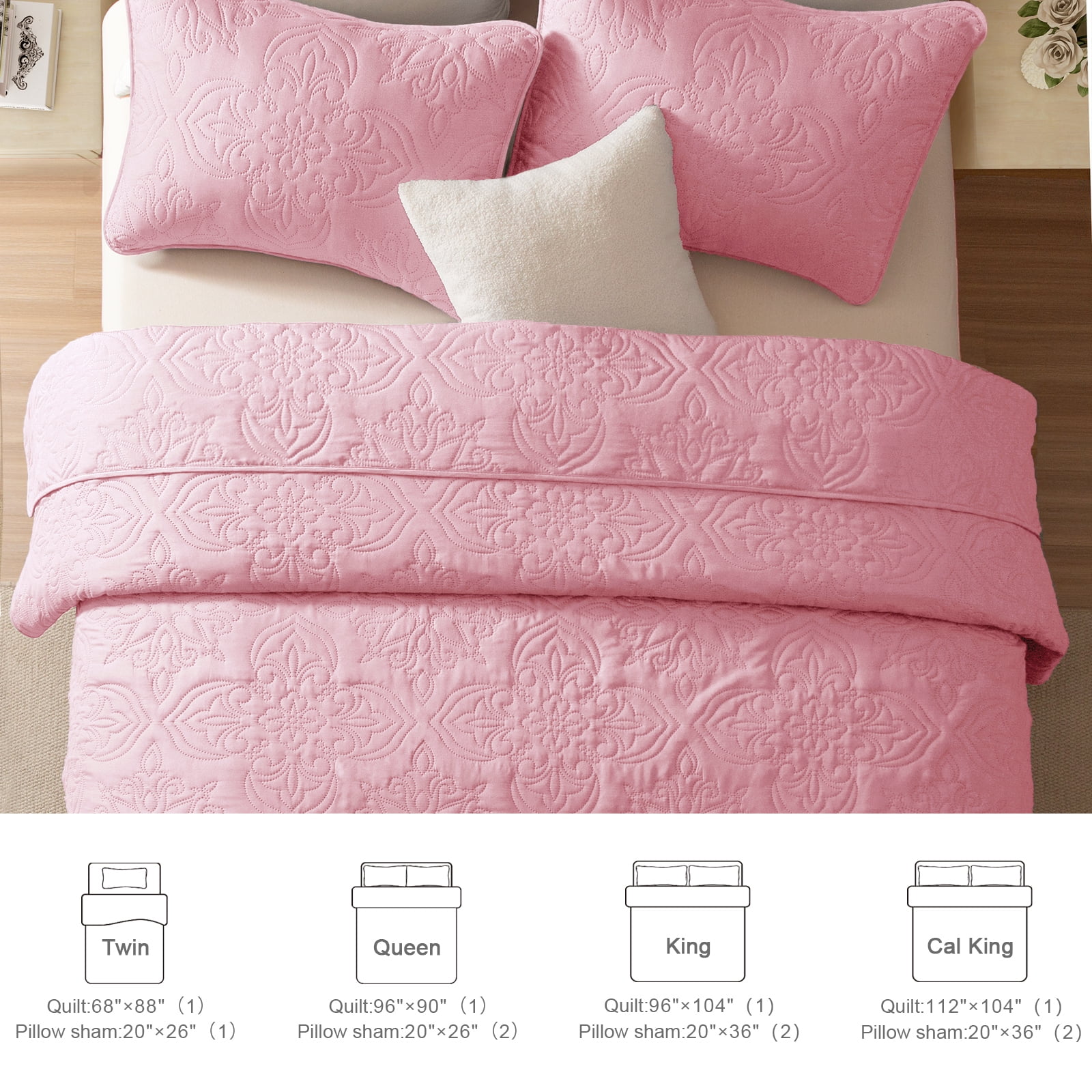 Whale Flotilla Soft Twin Quilt Bedding Set for All Seasons, Elegant Vintage Damask Ultrasonic Quilts Set, Lightweight Reversible Bedspread, Coverlet, Bed Cover with 1 Pillow Sham, Pink