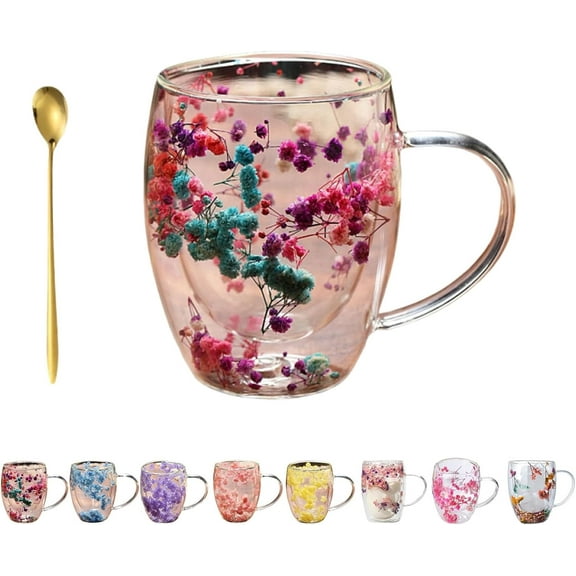Double Glass Flower Tea Cup, Handcrafted, Elegant & Gift-Worthy, Flower Double Wall Glass Coffee Mugs, Clear Insulated Coffee Mugs with Handle for or Hot Cold Beverages, Cappuccino, Latte(E-350ml)
