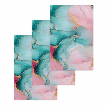 Teal Pink Hand Towels Set Waffle Weave Kitchen Towels 3 Pieces Modern Marble Art Ink Painting Abstract Microfiber Hair Face Bath Tea Towel Absorbent Quick Drying Cleaning Dish Cloths 15.7 x23.6