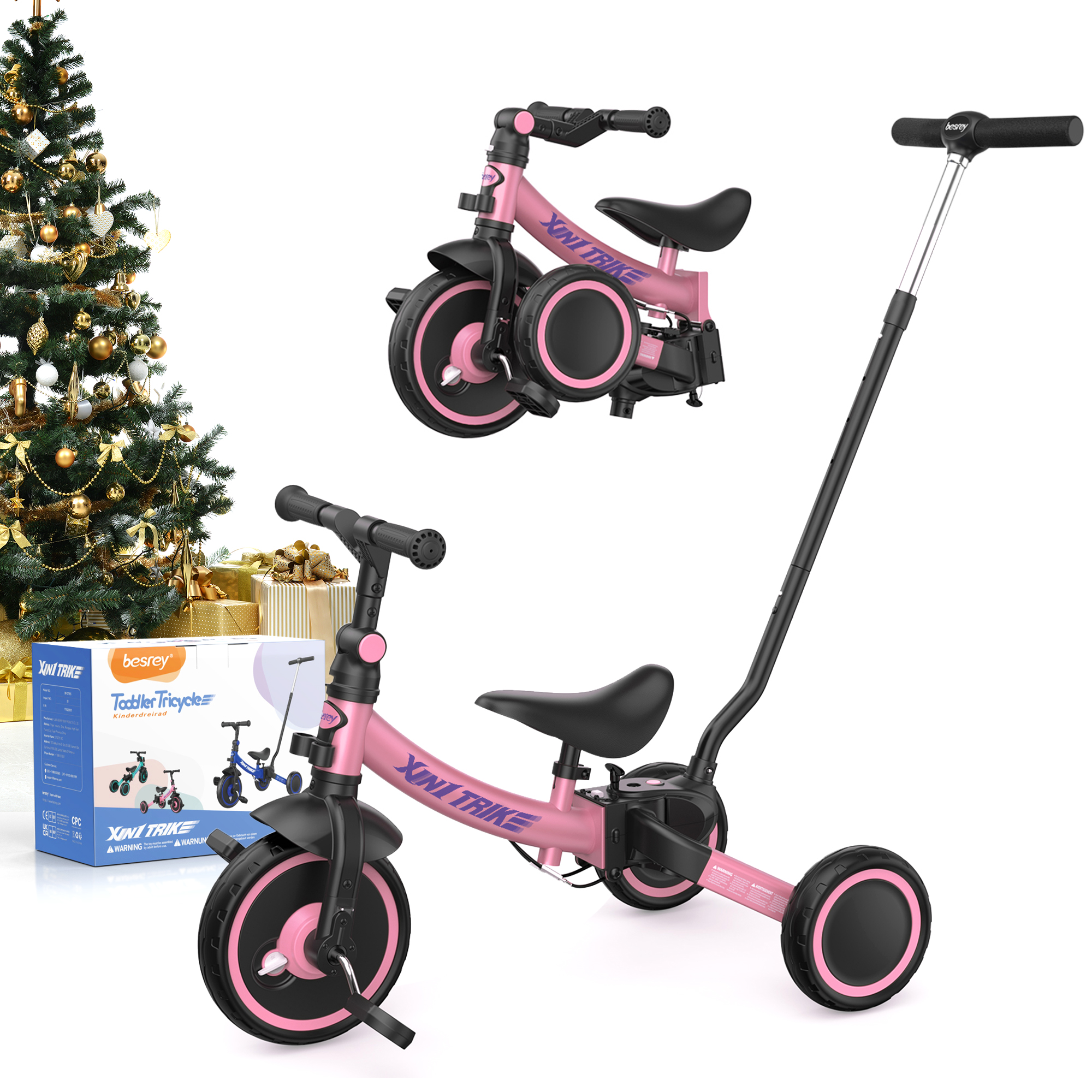 Besrey Toddler Tricycle with Push Handle, Pink photo 3
