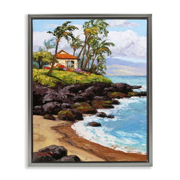 Stupell Industries Coastal Tropical Cottage Cove Gray Floating Frame Canvas Art, 17 x 21, by Erin Dertner