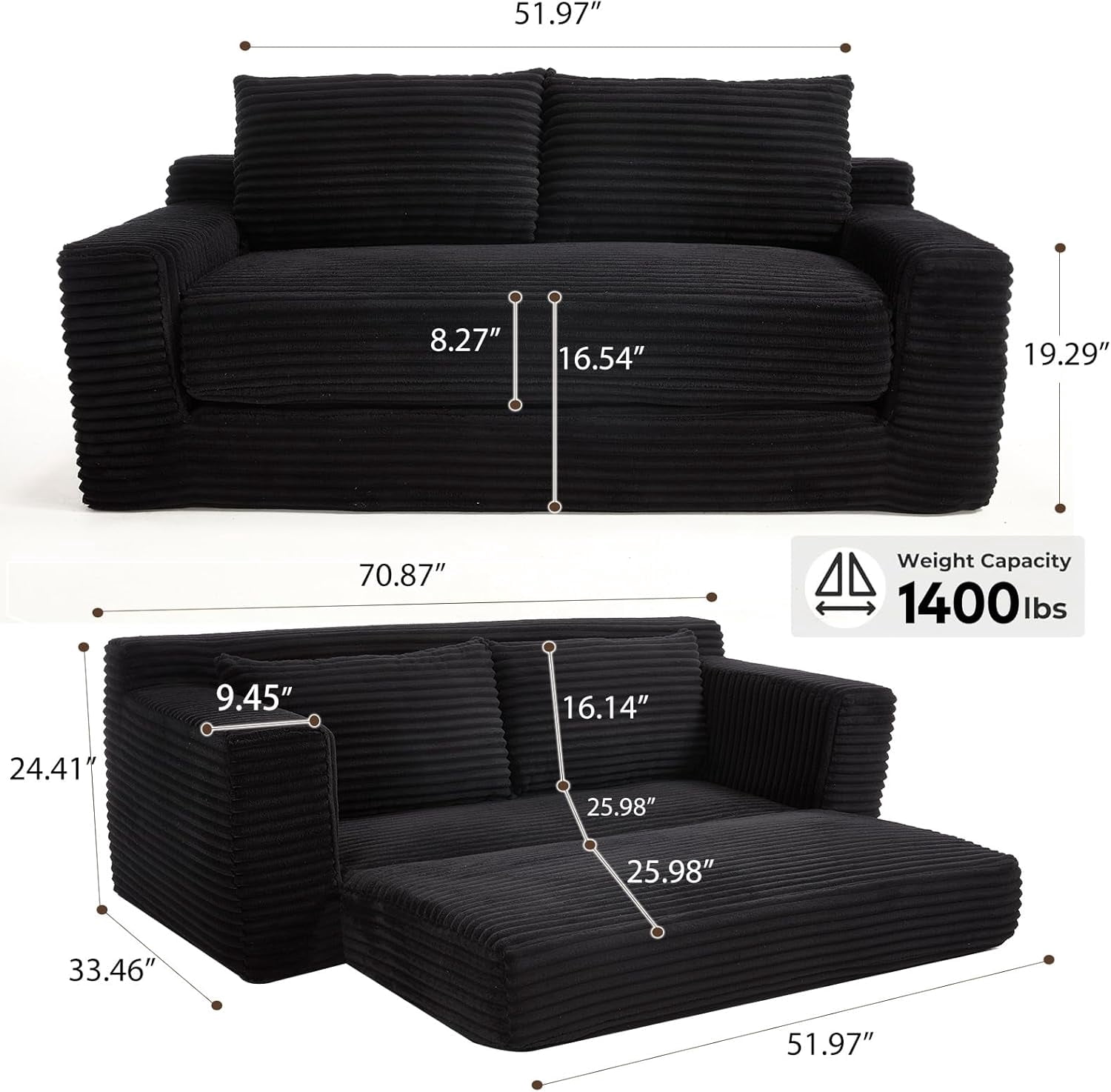 70.87" WCloud Lounge Memory Foam Corduroy Convertible Folding and No Assembly Loveseat Sofa Bed,Black