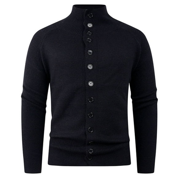 SERTG Men's Solid Color Stand Collar Sweater Fall Winter Fashion Stretch Knit Sweaters Front Button Warm Long Sleeve Casual Cardigan Tops(Black,3XL)