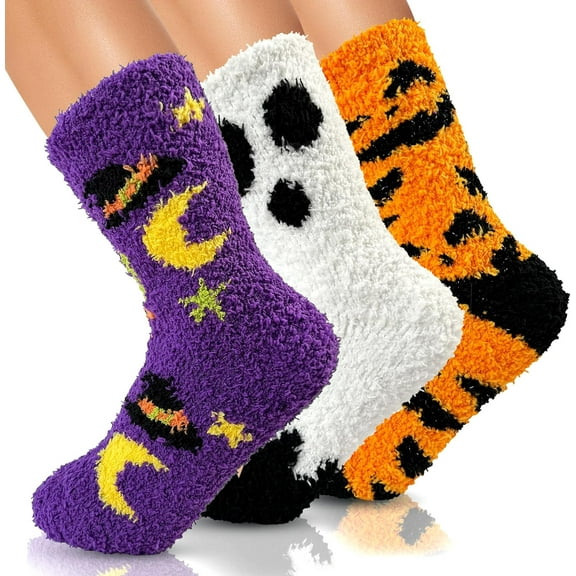 PUMIER 72-Needle Buttery Soft Halloween Fuzzy Socks for Women Cozy Funny Crazy Cute Fluffy Warm Slipper Socks for Girls 3 Pairs, Halloween Gifts Boo Spooky Basket Stuffers