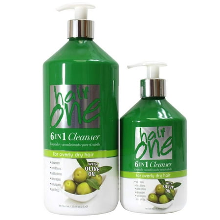 Hair One 6 in 1 Cleanser for Overly Dry Hair - Olive Oil 33.8 oz. AND 16.9 oz. (2-PIECE SET) - Luxury Shampoo for Dry Hair, Best Hydrating Shampoo, Shampoo and Conditioner Dry Damaged (Best Shampoo And Conditioner For Damaged Hair And Split Ends)