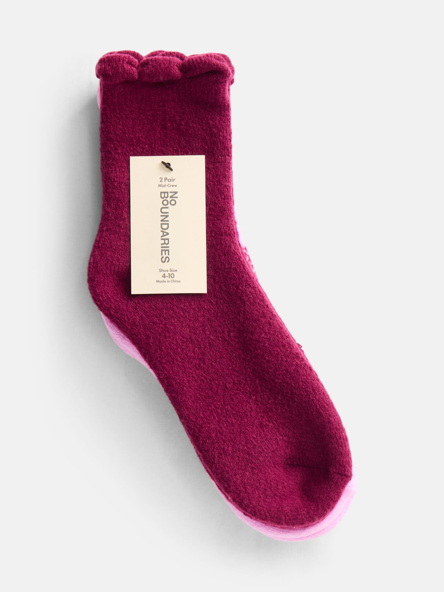 No Boundaries Women's Cozy Mid Crew Socks, 2 Pack, Shoe Sizes 4-10