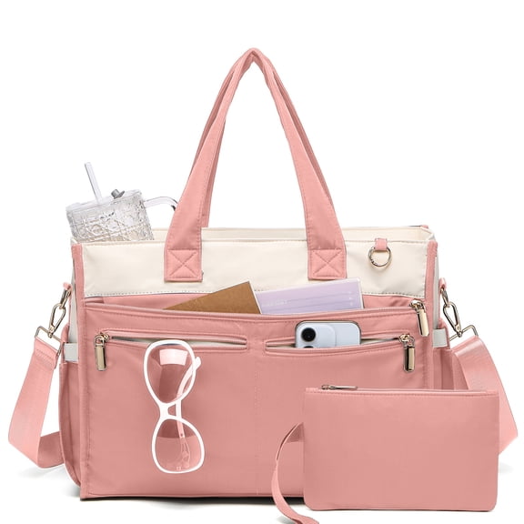 Nylon Tote Bag for Women, 15.6" Laptop Teacher Work College Travel | Lightweight, 14 pockets, roomy, 40oz bottle holder, washable, crossbody, shoulder, handbag, zipper closure, gym,Bible
