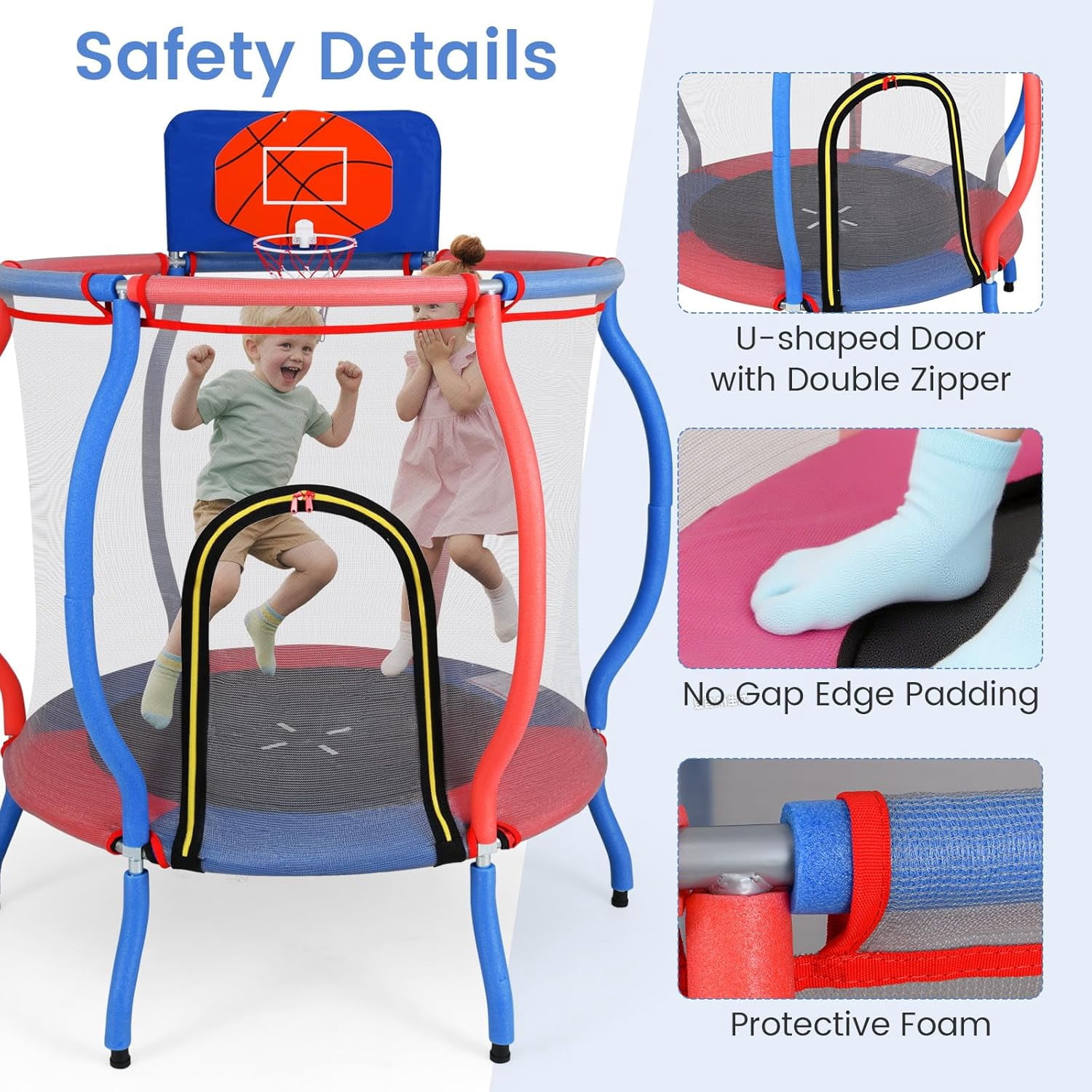 OLAKIDS 48" Trampoline for Kids, Outdoor Indoor Toddler Trampoline with Safety Enclosure Net Basketball Hoop Anti-Slip Foot Pads Zippered Door, Baby Recreational Trampolines Gift for Backyard
