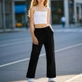 thumbnail image 3 of Girls Full-Length Pants Linen Pants for Girls Drawstring High Waisted Casual Pull on Straight Leg Trousers with Pockets Slim Bottom Leggings Black 170, 3 of 7