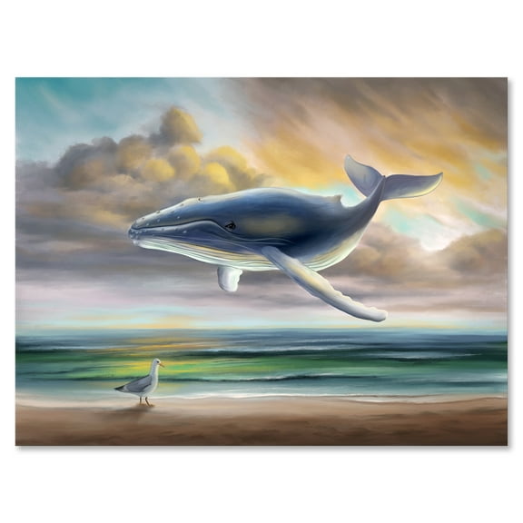 Designart ' Whale Floating In The Sky Over Beach ' Children's Art Canvas Wall Art Print