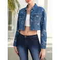 thumbnail image 6 of Women'S Cropped Butterfly Printed Denim Jacket Button Down Long Sleeve Fitted Crop Top Jean Coat Blue S, 6 of 9