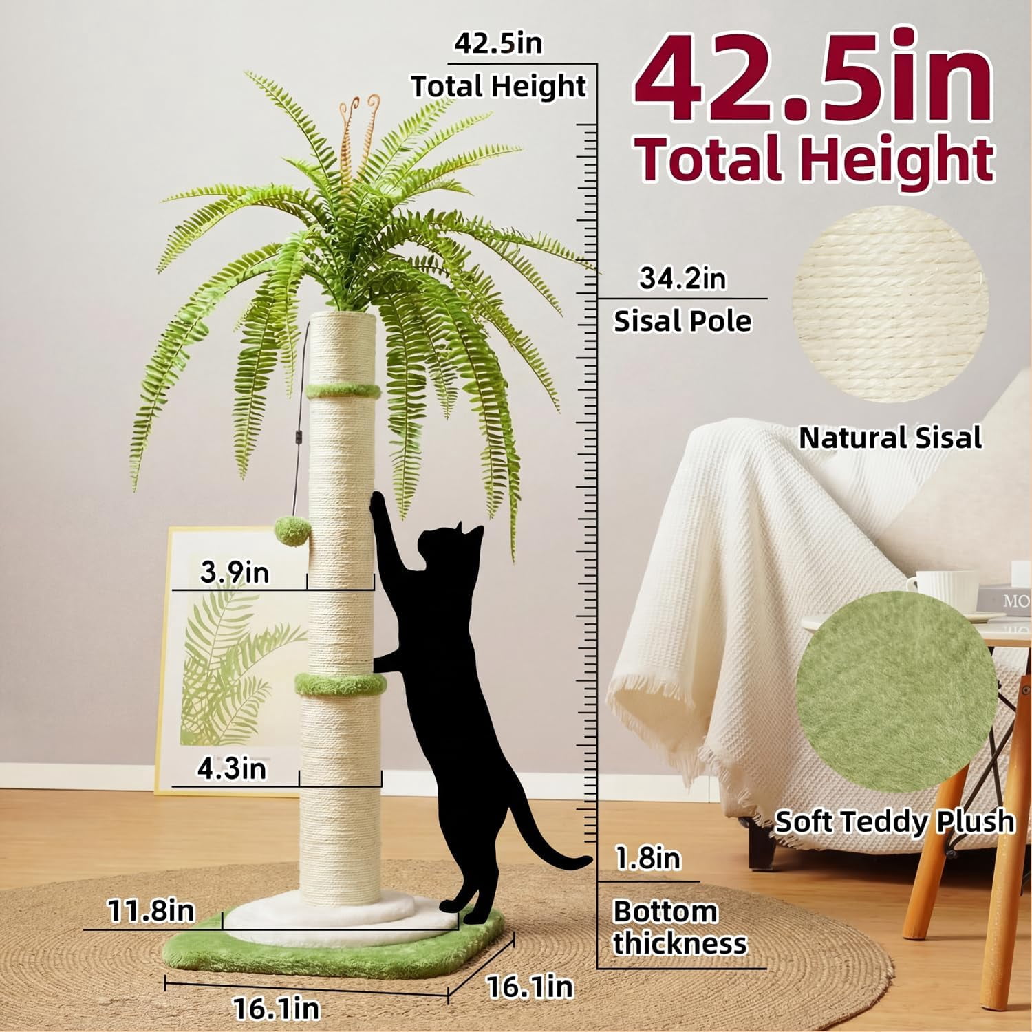 42 Inch Tall Palm Tree  Scratching Post - Heavy Duty  Sisal Rope Vertical Pole with Dangling Ball for Large Cats