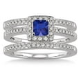 thumbnail image 2 of Halo Art Deco 3 Carat 6mm Princess Cut Blue Sapphire And Moissanite Diamond Trio Set Halo Ring on 10k White Gold, 2 of 2