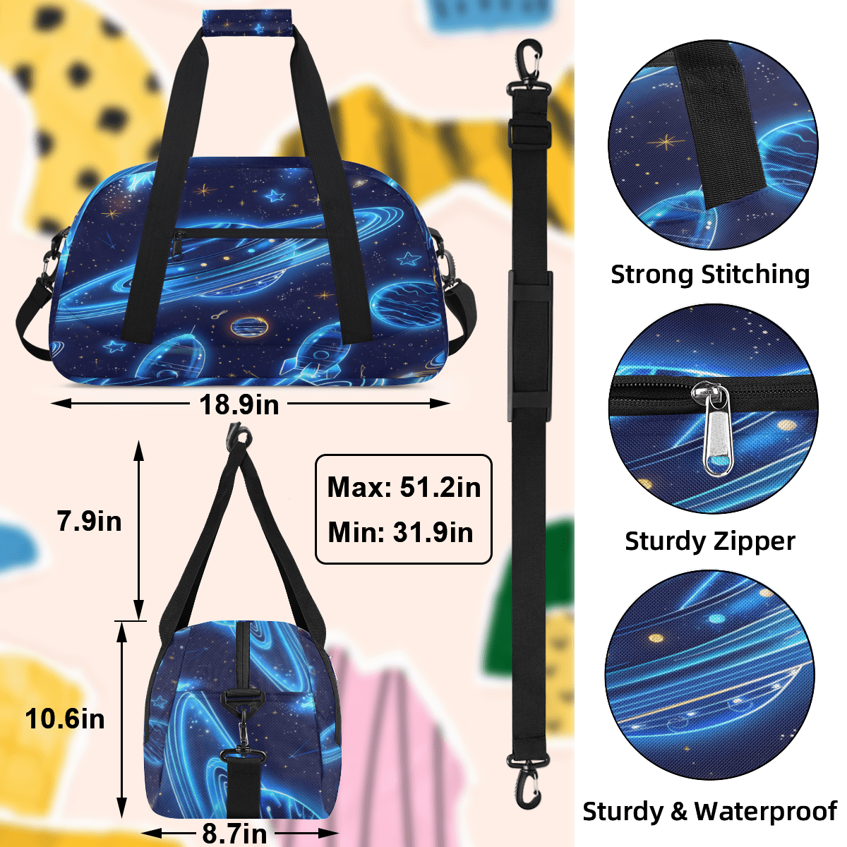 Herdesigns Solar System Sports Duffle Bag for Women & Men, Planets Universe Gym Bag Dance Bag Overnight Bag Carry On Weekender Travel Bag