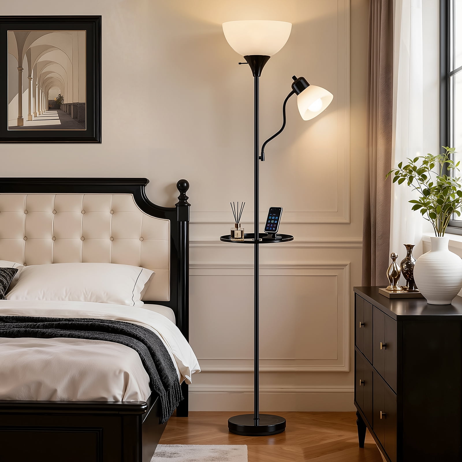 NATYSWAN Floor Lamps for Living Room,Torchiere Floor Lamp with 8W Adjustable Reading Lights, Morden Tall Lamps for Living Room, Bedroom, Office, 3 Bulbs Included