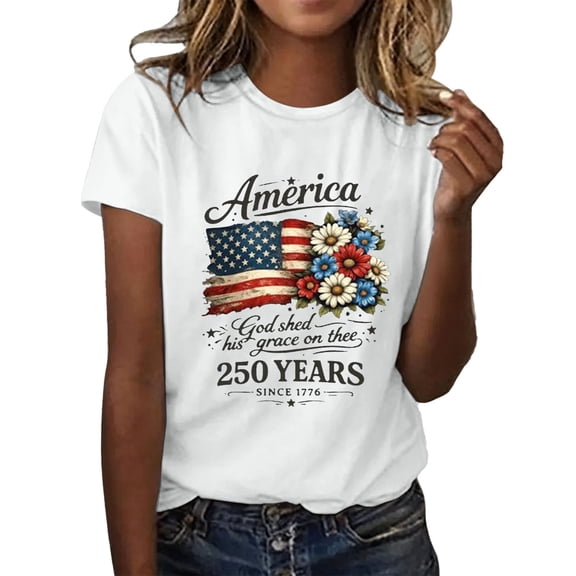 KHONTS Women's 250 Anniversary USA Shirt Patriotic America Graphic Casual Shirt 250 Years USA Flag Short Sleeve T-Shirt White XL