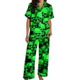 thumbnail image 3 of Halloween Pajamas Women Full Theme Printed Silk Satin 2 Pc Short Sleeve Button Down Lapel Pocket Shirts Loose Straight Casual Pants Comfy Nightwear Fall Winter Loungewear Sets Woman Green XL, 3 of 7