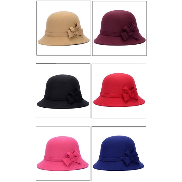 4691 Solid Color Winter Hat Wool Cloche Bucket with Bow Accent,Red CHUANK Women Solid Color Winter Hat Wool Cloche Bucket Wide  main image 3