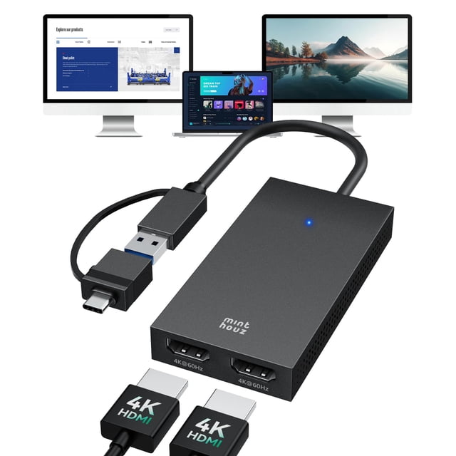 Minthouz Répartiteur HDMI 4K pour Moniteurs Doubles, Répartiteur Double Moniteur Certifié DisplayLink, Adaptateur USB 3.1 vers HDMI pour Windows 10/11 et MacBook M1/M2/M