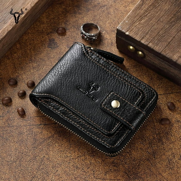 RFID Blocking Genuine Leather Men's Small Wallet Anti Theft Multi Card Wallet RFID Blocking Zipper Around Credit Card Holder Wallets With ID Window Card Slots Large Capacity Bifold Purse Gift For Him