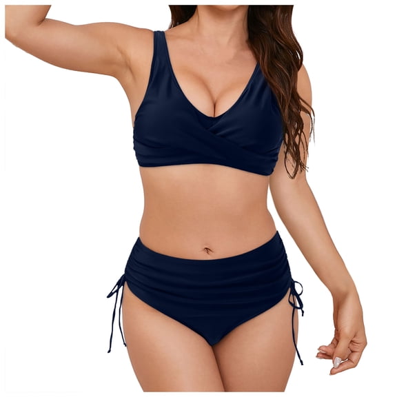 Wamejoo Women's High Waisted Bikini Set Tummy Control 2 Piece Swimsuit for Women Push Up Twist Front Bathing Suit 2026 (Dark Blue, L)