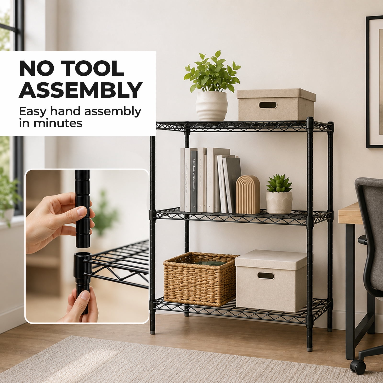 Alvantor 3/4/5-Tier Black Wire Rack 31in/48in/60in Heavy Duty Storage Shelving Adjustable Shelf Unit, Stable Steel Shelving, 200 lbs Capacity Per Shelf