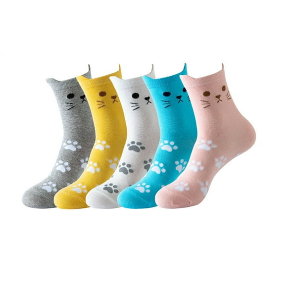 GDREDA Chaussettes de Course Femmes Chaussettes à Thème Animal Ensemble de Cinq Paires Empreintes de Chat Chaussettes Mignonnes Chaussettes Quotidiennes Multicolore,