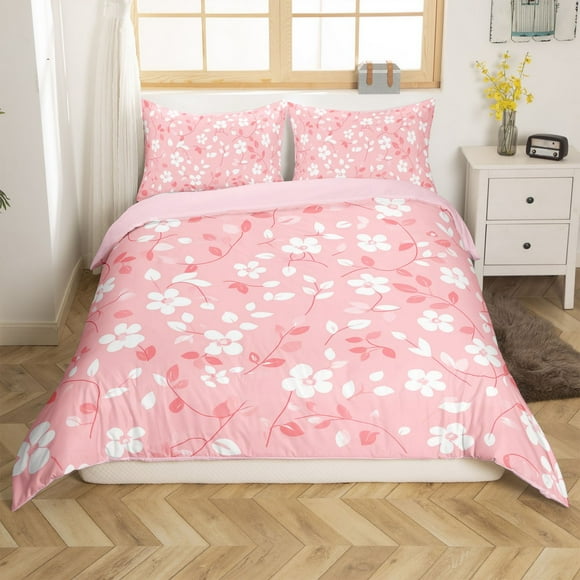 Erosebridal White Floral Comforter Cover, Botanical Plants Leaves Bedding, Pink Flower Bedroom Decor, Reversible 2pcs (No Comforter)