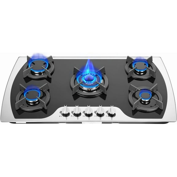 35" Gas Cooktop, Stainless Steel Built-in Gas Stove 5 Burners with Independent Switch Control, NG/LPG Convertible Gas Cooktop,Thermocouple Protection