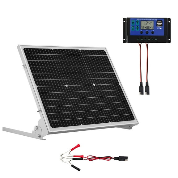 VEVOR 50W 12V Solar Battery Trickle Charger Maintainer, Mono Solar Panel Battery Charger with Upgraded MPPT Controller & Adjustable Mount Bracket, IP65 Waterproof for Car Boat RV Trailer House Roof