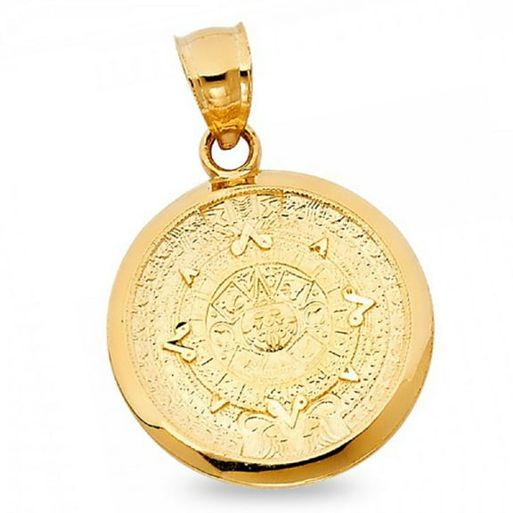 14k Yellow Gold Mayan Calendario Azteca Charm Genuine Sun Calendar Pewtar Aztec Pendant Polished Solid New 21 mm x 21 mm