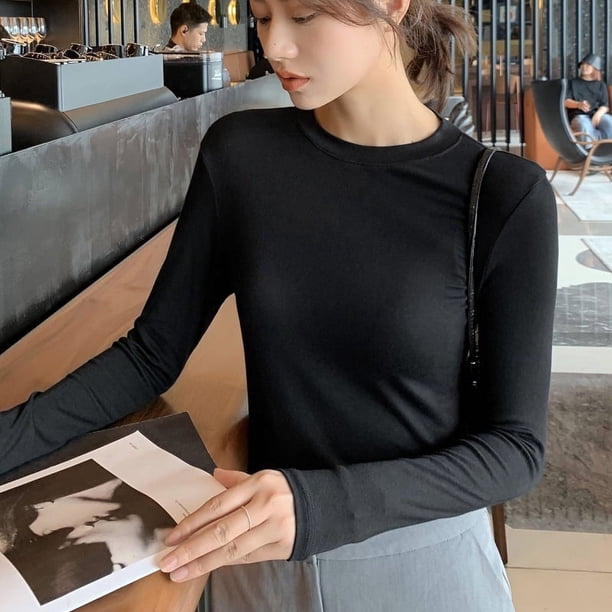 Camiseta básica de cuello redondo de algodón modal de primavera y otoño para mujer Camiseta interior de manga larga negra de otoño e invierno para mujer
