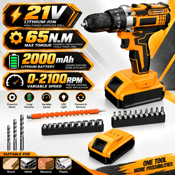 Electric Drill Tool Box Set Cordless Drill Set Rechargeable, Equipped with 1 Batteries, Cordless Drill Driver with Hand Tools, Screwdriver, Bit Set, And Tool Box for Home Repair, Gift for Men