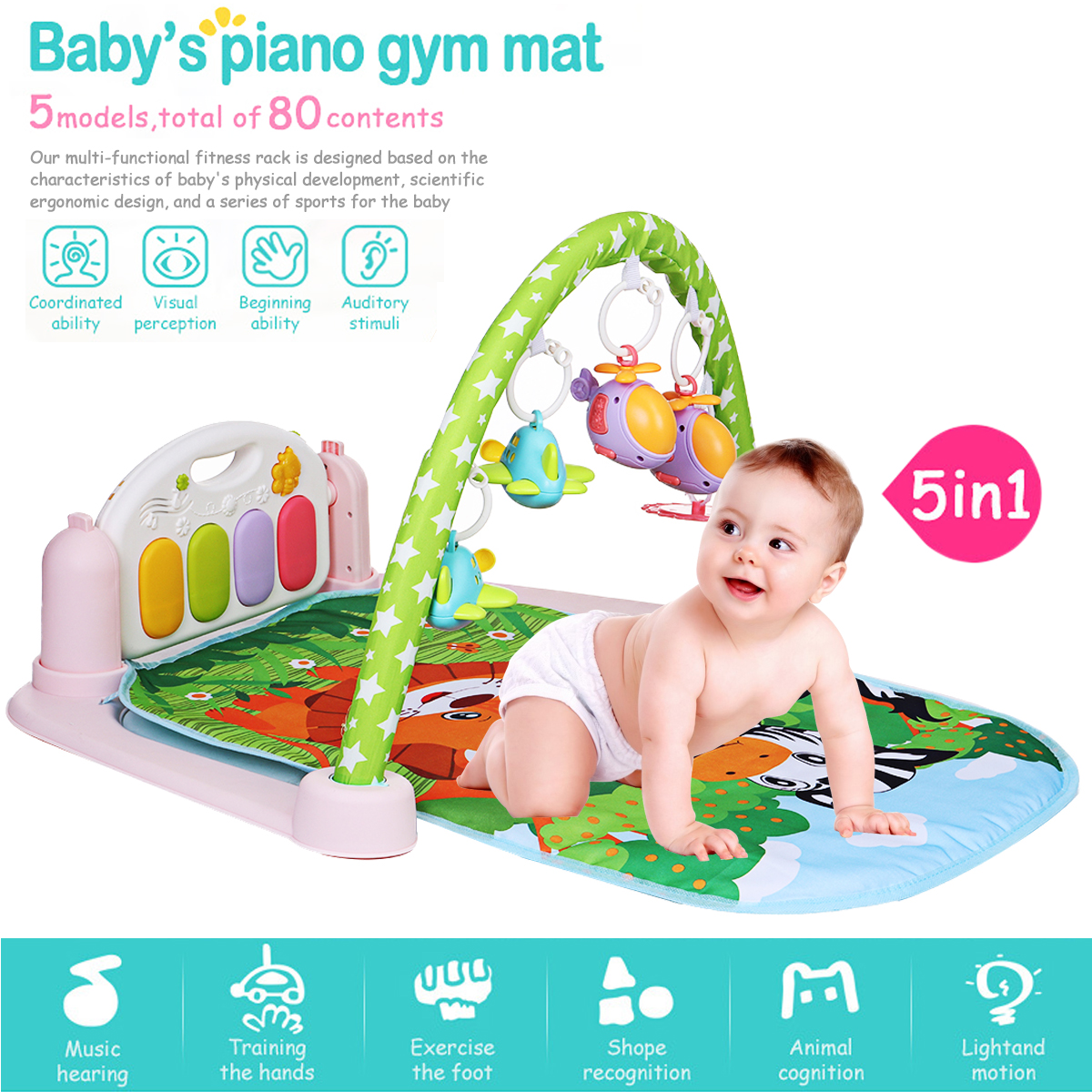 3 in1 Baby Gym Mat,Musical Piano Infant Play Mat Floor Activity Toys