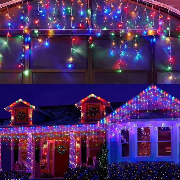 VOLIVO Outdoor String Lights, 33ft Multi-Color Icicle Lights with 360 LEDs, 60 Drops Ice Cycle String Lights, 8 Modes for Fireplace and Wedding Decorations