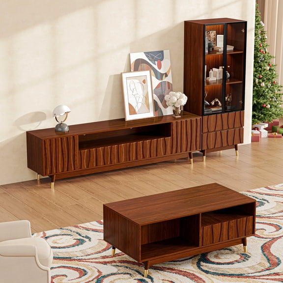 Walnut Finish Entertainment Center with TV Stand, Coffee Table and 3-tier Glass Display Case for Living Room, Luxury Modern Wood Media Console Set of 3 with Drawers and Storage up to 85" TVs, Brown