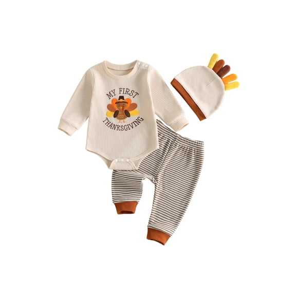 Cjfdfy Newborn Baby Boy Girl Thanksgiving Turkey Outfit My First Thanksgiving Embroidered Long Sleeve Romper And Stripe Waffle Pants Hat Infant Cute Thanksgiving Holiday Fall Winter Outfit