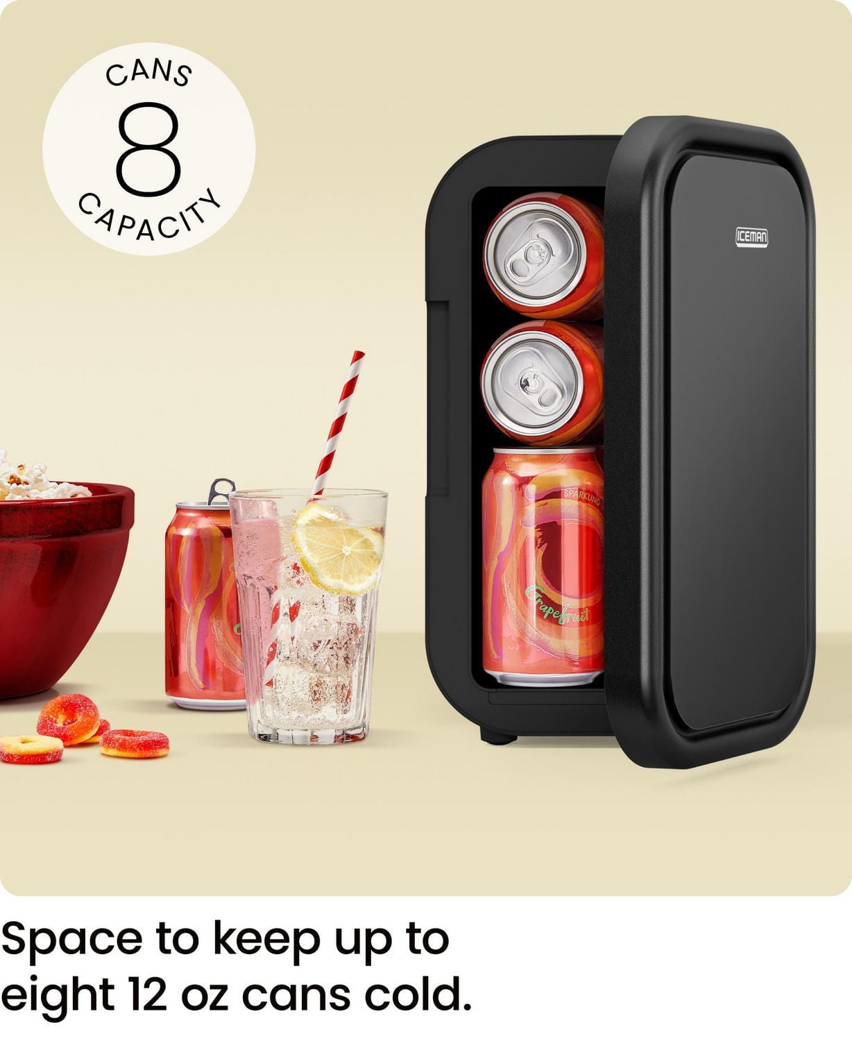 ICEMAN Portable Mini Fridge w/ 8 355 ml (12oz) Can Capacity, Cools and Heats, Car Plug Included - Black, New