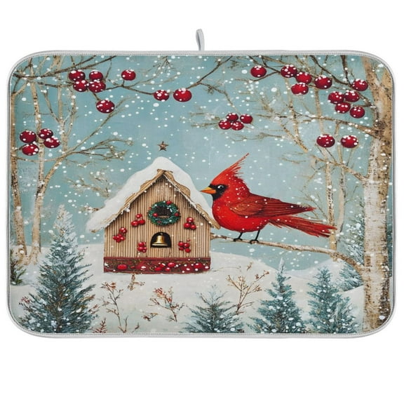 joogoo Cardinal Bird Christmas Dish Drying Mat Kitchen Counter Absorbent Drying Pad 18x24 in Drainer Rack