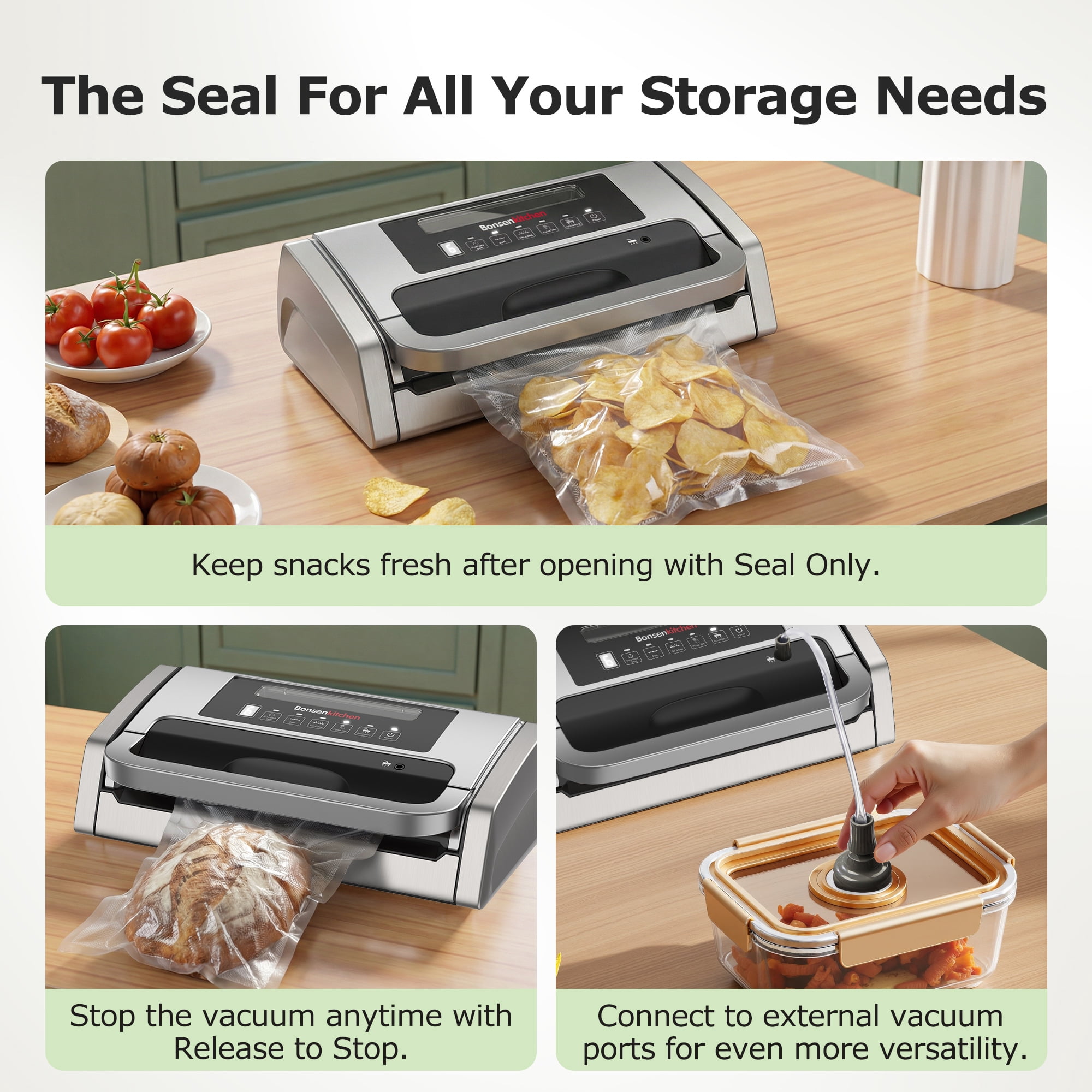 Bonsenkitchen Automatic Vacuum Sealer for Food, 5-in-1 Food Sealer Machine with Bag Rolls & Pre-cut Bags, Includes Jar Suction Hose, 65dB Quiet