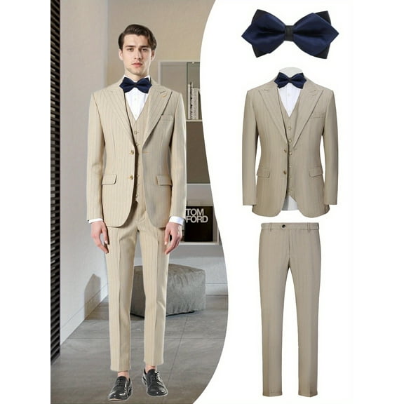 Beauty-Emily Men’s 4-Piece Striped Business Suit, Blazer, Vest, Pants & Bow Tie, Formal Slim Fit Attire for Office, Meetings & Events