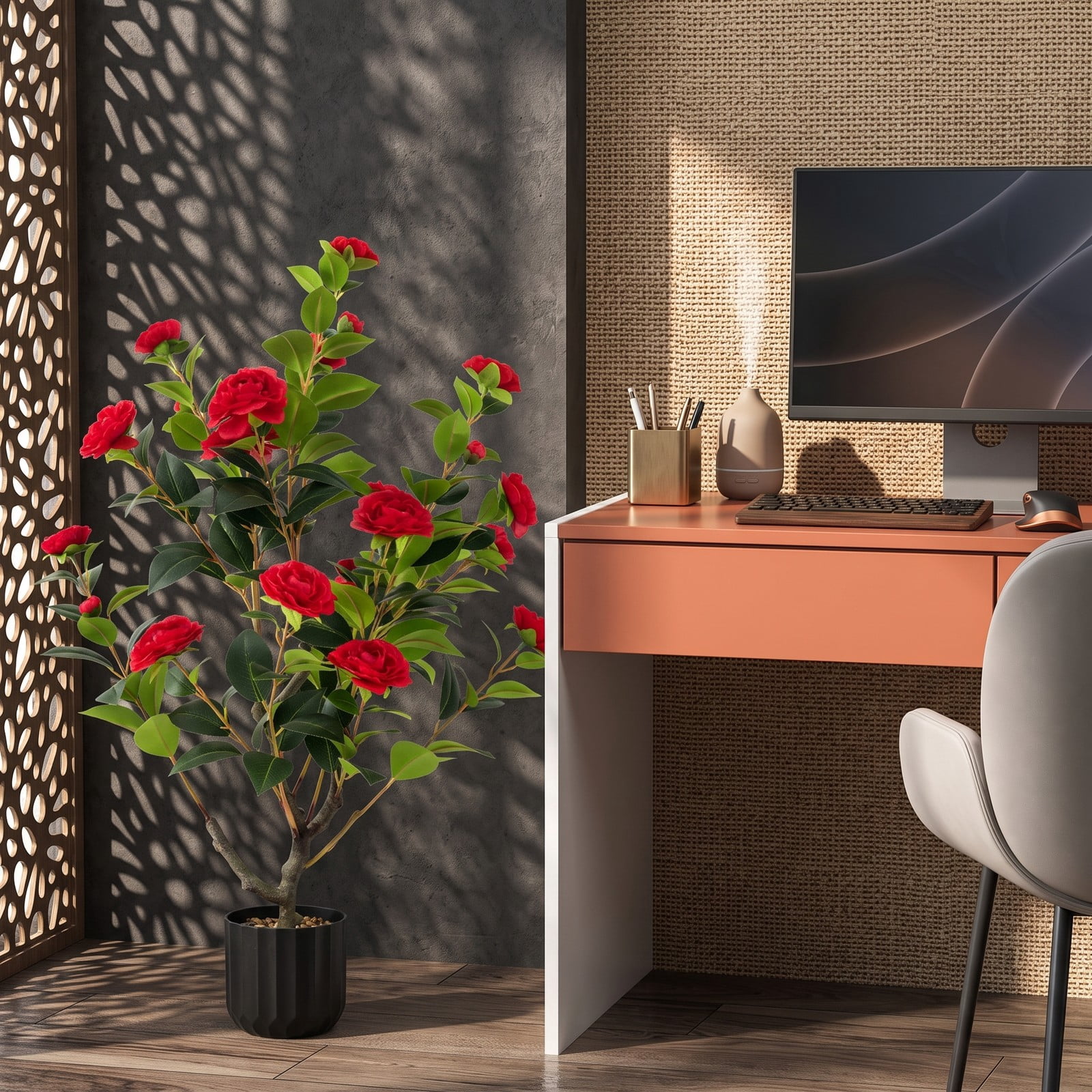 ALPULON 38 Inch Artificial Camellia Tree, Faux Silk Flower Plant with 24 Blooms in Cement Pot for Home Office Living Room Entryway Decor, No Watering Required, Red