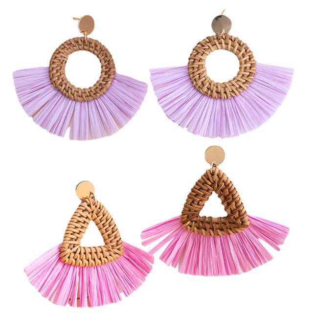 2 pares de pendientes de ratán, pendientes bohemios trenzados con borlas geométricas ligeras, pendientes trenzados de hierba hechos a mano para mujer
