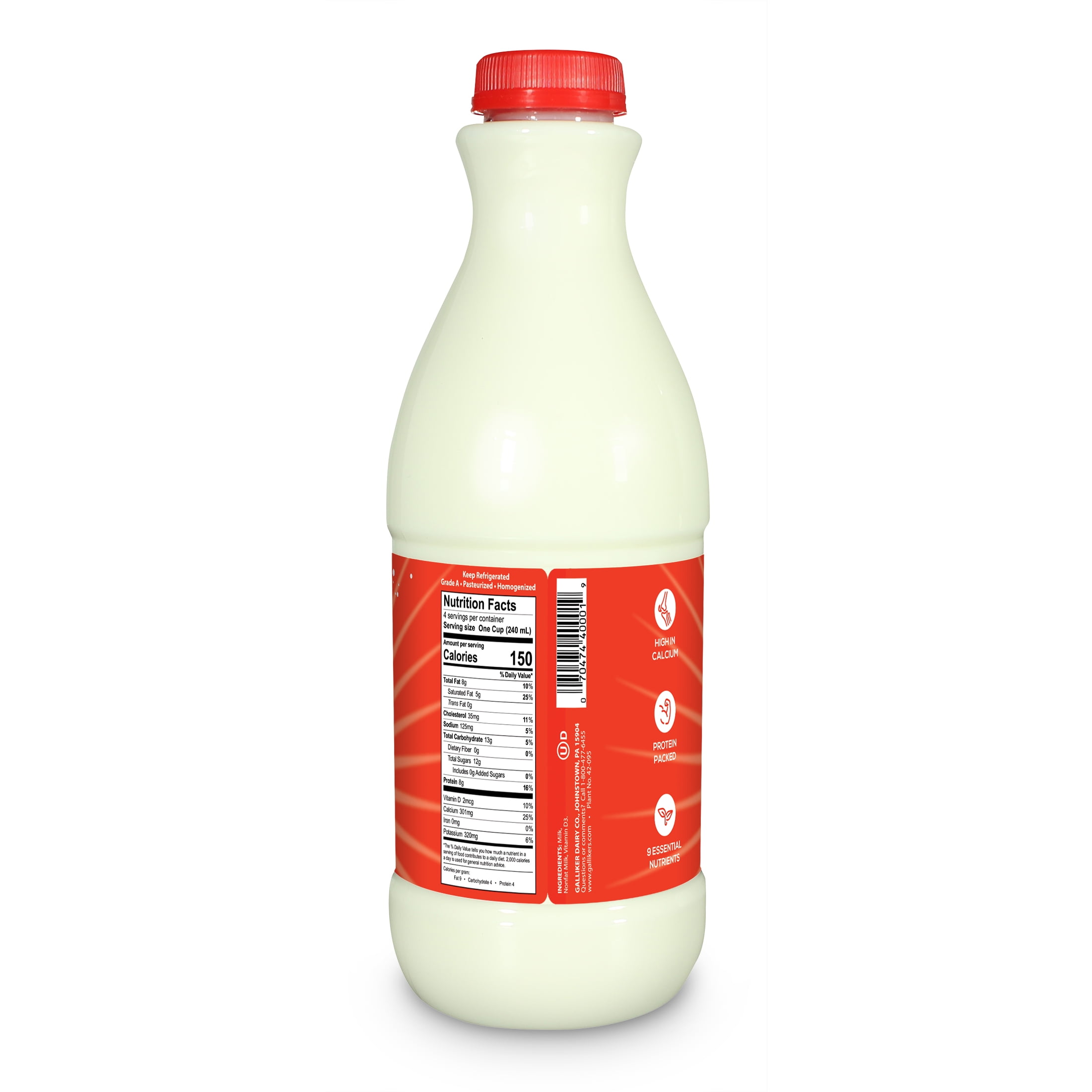 Galliker's Whole Vitamin D Fresh Milk Quart, 32 fl oz Plastic Bottle