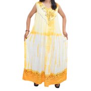 Mogul Women's Tie Dye Tank Dress Yellow Embroidered Rayon Maxi Beachwear